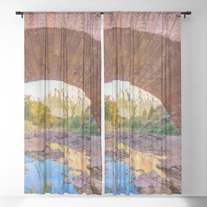 Autumn Colors and Water Reflections - Pine Creek Bridge, Zion National Park, Utah Sheer Curtain
