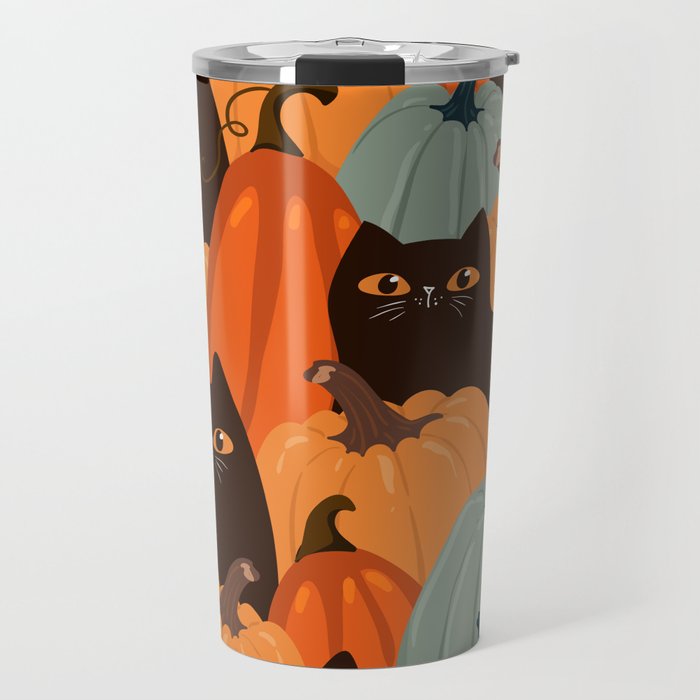 Cute seamless pattern with black cats and pumpkins. Trendy autumn colors. Vintage illustration Travel Mug