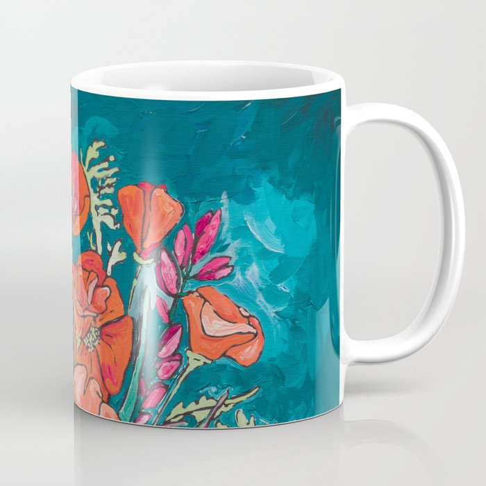 California Poppy and Wildflower Bouquet on Emerald with Tigers Still Life Painting Coffee Mug