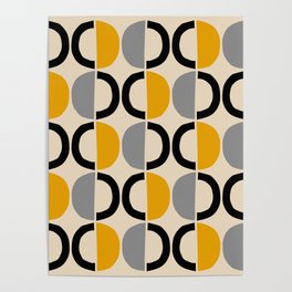 Mid Century Modern Half Circle Pattern 547 Beige Black Gray and Yellow Poster