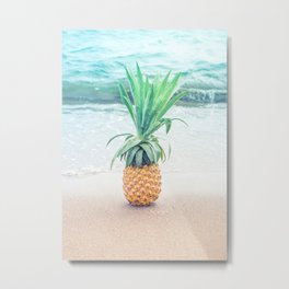 Happy Pinapple Portrait Metal Print | Pineapple, Nature, Holiday, Sea, Sun, Water, Weave, Sand, Beach, Color 