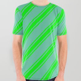 [ Thumbnail: Aquamarine & Lime Colored Stripes Pattern All Over Graphic Tee ]