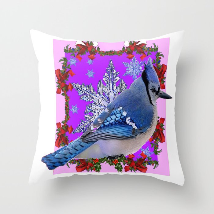 BLUE JAY WILDLIFE RED-FUCHSIA HOLIDAY SNOWFLAKE ART Throw Pillow