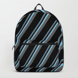 [ Thumbnail: Sky Blue, Dim Grey, and Black Colored Pattern of Stripes Backpack ]