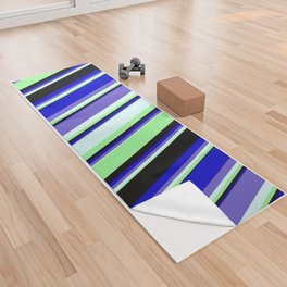 [ Thumbnail: Green, Light Cyan, Slate Blue, Blue, and Black Colored Stripes Pattern Yoga Towel ]