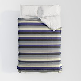 [ Thumbnail: Colorful Slate Gray, Dark Gray, Light Yellow, Midnight Blue, and Black Colored Lined/Striped Pattern Comforter ]