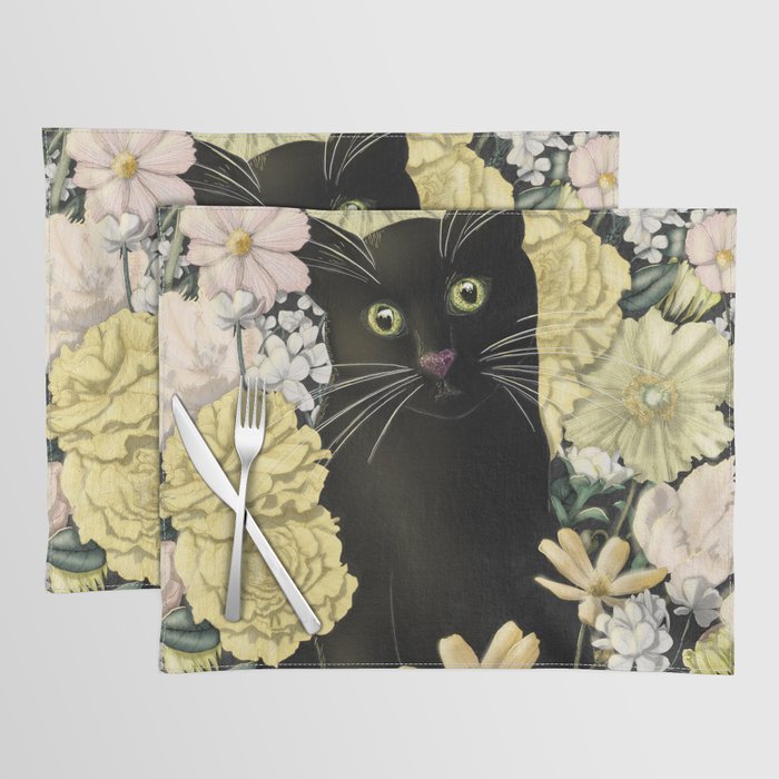 Little Black Garden Cat - Cream and Yellow Flowers Placemat