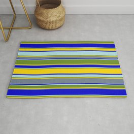 [ Thumbnail: Colorful Powder Blue, Green, Yellow, Slate Gray & Blue Colored Striped Pattern Rug ]
