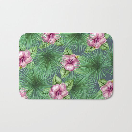 Jungle Love, Palm Leaves And Hibiscus Bath Mat