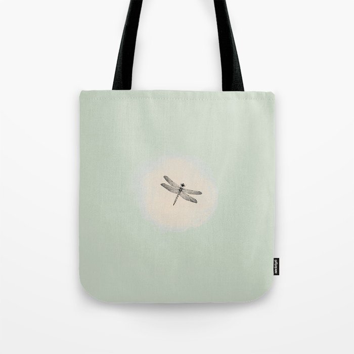 Sketched Dragonfly and Watercolor Brush Stroke on Apple Green Tote Bag