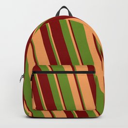 [ Thumbnail: Brown, Green & Maroon Colored Striped/Lined Pattern Backpack ]