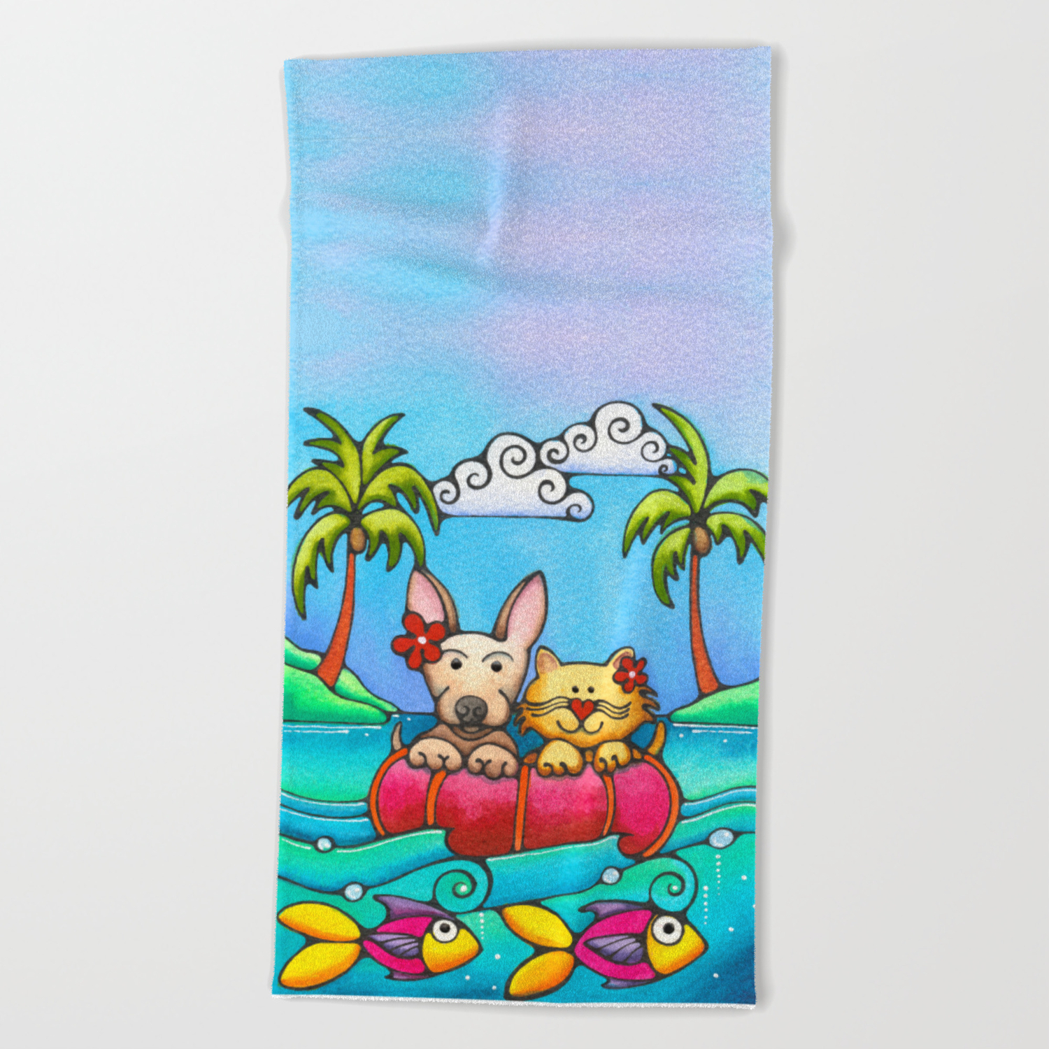 Dog And Cat Best Friends Beach Tropical Painting Kitty Chihuahua