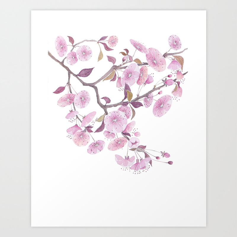 Cherry Blossoms Sakura Flower Decor Watercolor Painting Pink Art