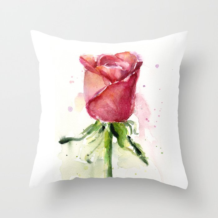 Rose Watercolor Red Flower Painting Floral Flowers Throw Pillow