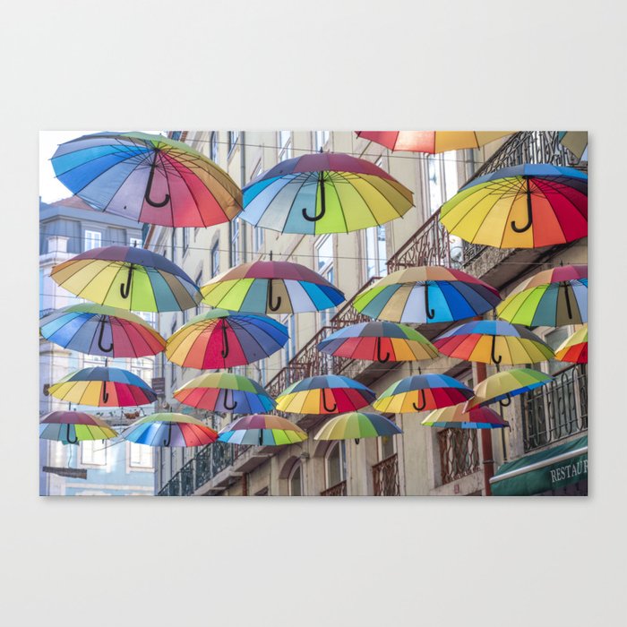 Umbrellas in Lisbon, Portugal art print- bright cheerful summer - street and travel photography Canvas Print