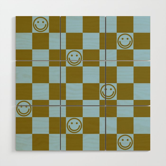 Checkered Smiley Faces \\ Autumn Grass Color & Pastel Blue Wood Wall Art