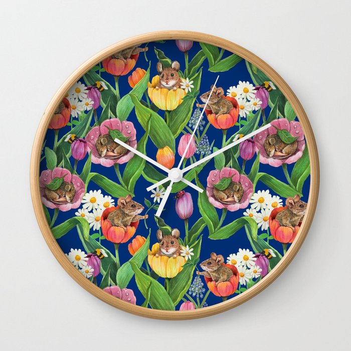 Spring Tulips with Cute Mouse - blue Wall Clock