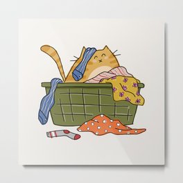 Orange Tabby Cat in Messy Laundry Basket - Laundry Room Decor Metal Print | Illustration, Feline, Kitten, Catlover, Cute, Beige, Cat, Blue, Laundry Sign, Drawing 
