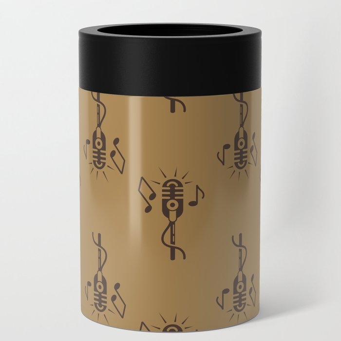 Black Retro Microphone Pattern on Gold Brown Can Cooler