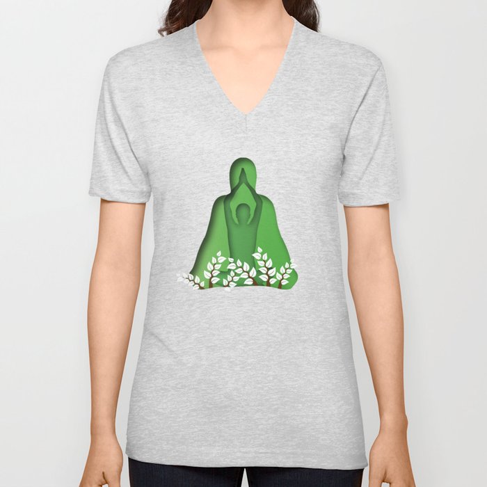 Yoga and meditation position in green V Neck T Shirt