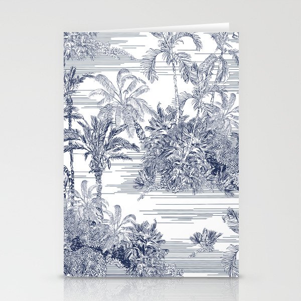 Toile Engraving Tropical Islands Seamless Pattern, Oriental Palm Trees Wallpaper, Wildlife Tigers in Exotic Plants Ocean Beach Blue on White Background, Linear Jungle Oceania India Landscape design Stationery Cards