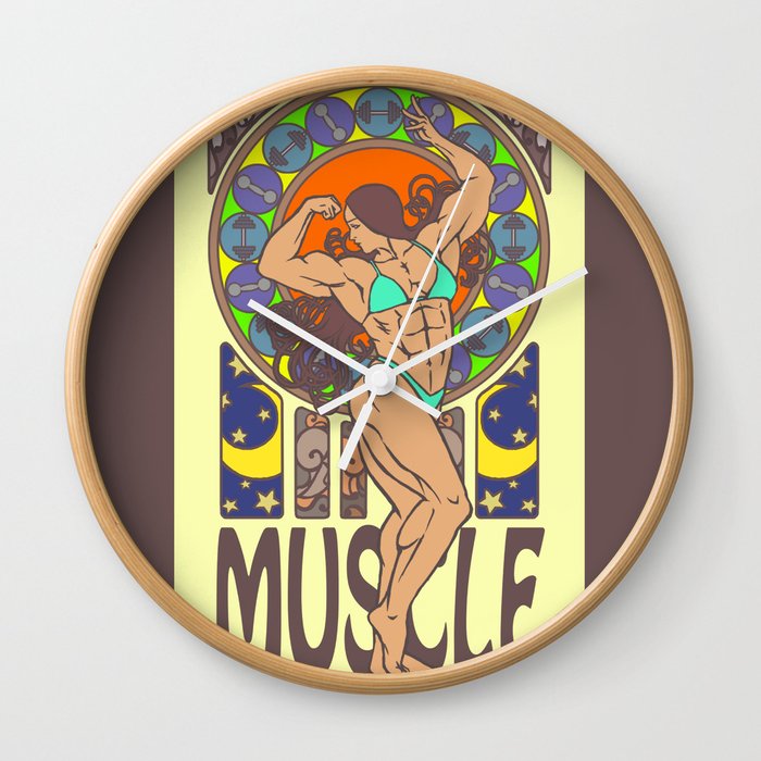 Beauty of Muscles No.1 Wall Clock | Drawing, Digital, Muscle, Beauty, Lady, Mucha, Artnouveau, Fitness, Woman, Body