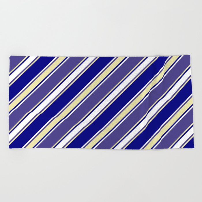 Dark Slate Blue, Pale Goldenrod, Blue & White Colored Lines Pattern Beach Towel