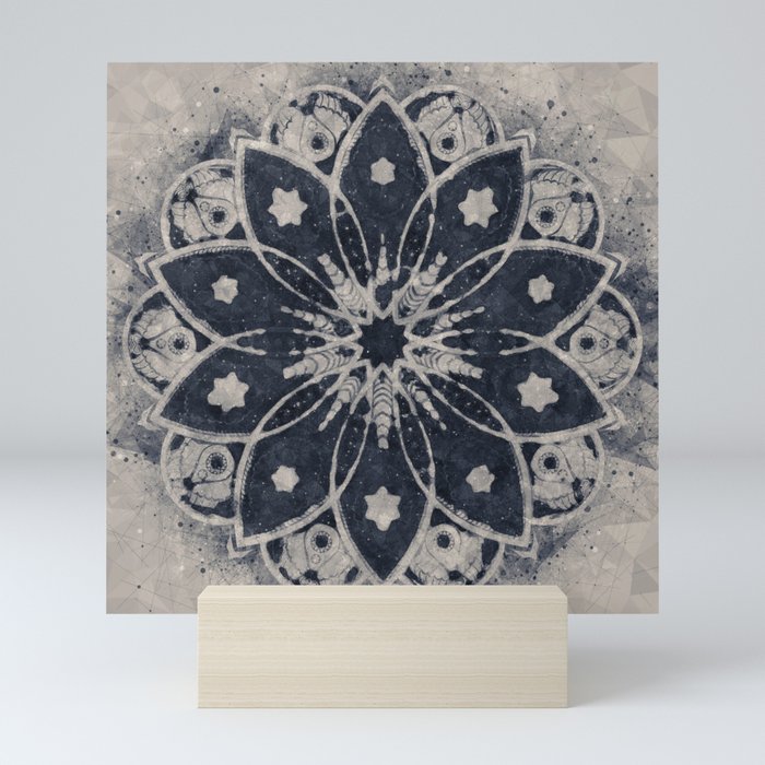 Mandala, Flower, Indigo Blue, Boho Art Mini Art Print