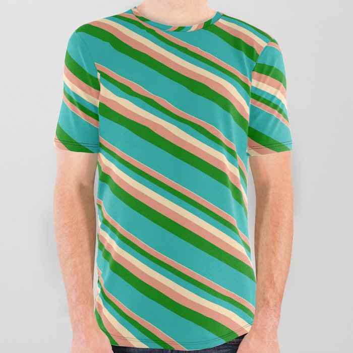 Beige, Dark Salmon, Green & Light Sea Green Colored Lines Pattern All Over Graphic Tee