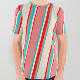 [ Thumbnail: Light Coral, Dark Turquoise, Beige & Red Colored Lines/Stripes Pattern All Over Graphic Tee ]