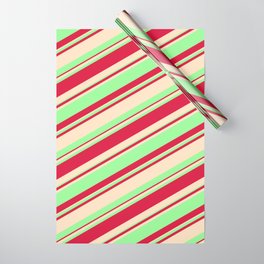 [ Thumbnail: Bisque, Green, and Crimson Colored Striped/Lined Pattern Wrapping Paper ]