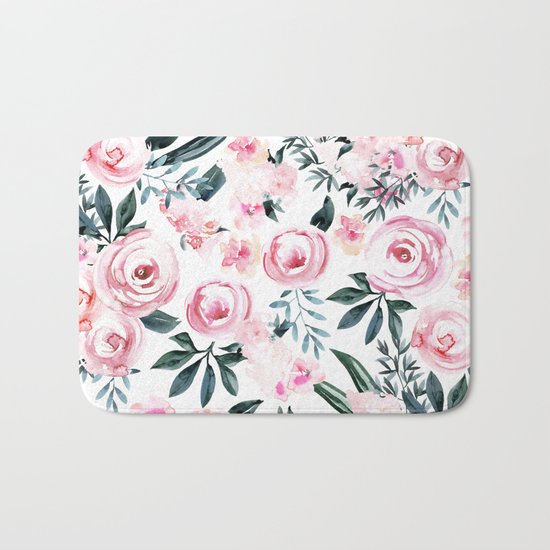 Floral Rose Watercolor Flower Pattern Bath Mat