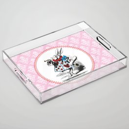 Alice in Wonderland | The Herald of the Court of Hearts | White Rabbit | Pink Damask Pattern | Acrylic Tray