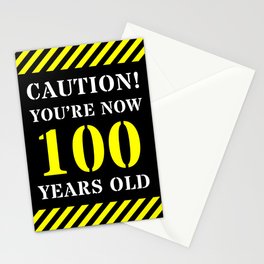 [ Thumbnail: 100th Birthday - Warning Stripes and Stencil Style Text Stationery Cards ]