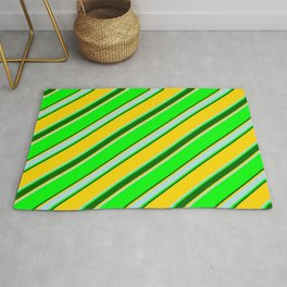 [ Thumbnail: Lime, Dark Green, Yellow & Powder Blue Colored Lines/Stripes Pattern Rug ]