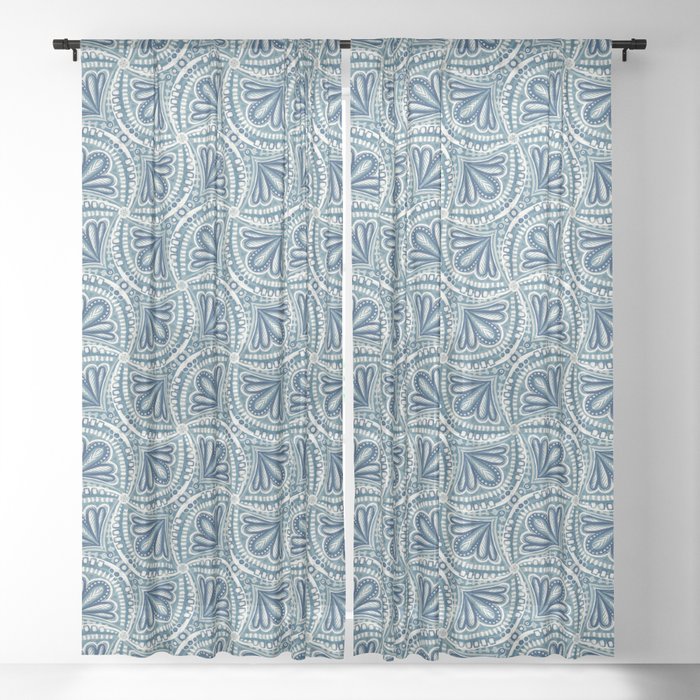 Textured Fan Tessellations in Navy Blue and White Sheer Curtain