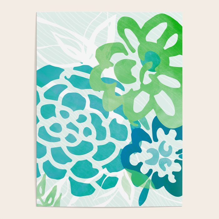 Blue and Green Coastal Floral Watercolor Poster by Modern Tropical