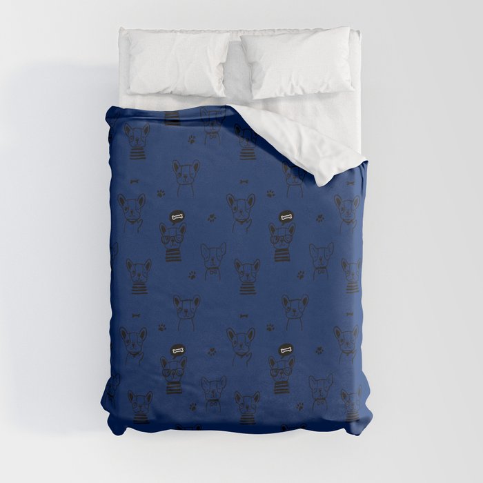Blue and Black Hand Drawn Dog Puppy Pattern Duvet Cover