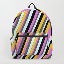 [ Thumbnail: Eye-catching Violet, Dim Grey, Light Cyan, Black & Yellow Colored Lined Pattern Backpack ]