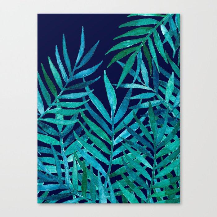 Watercolor Palm Leaves on Navy Canvas Print