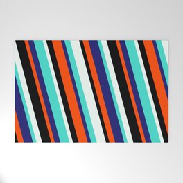 [ Thumbnail: Vibrant Mint Cream, Turquoise, Midnight Blue, Red & Black Colored Lines/Stripes Pattern Welcome Mat ]