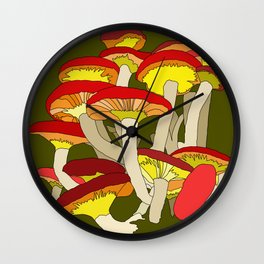 Mushroom Clump Digital Illustration Wall Clock | Mushrooms, Red, Ediblemushrooms, Drawing, Pattern, Digital, Nature, Green, Yellow, Fungi 
