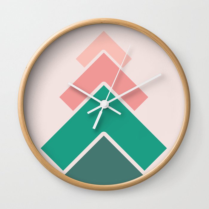 Retro Geometric Arrows Layered Squares- Pinks and Greens- Vertical Format  Wall Clock