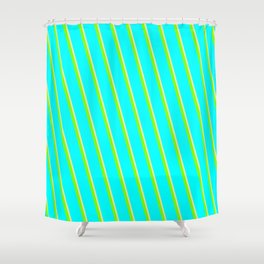 [ Thumbnail: Chartreuse, Aqua & Pale Goldenrod Colored Lines/Stripes Pattern Shower Curtain ]
