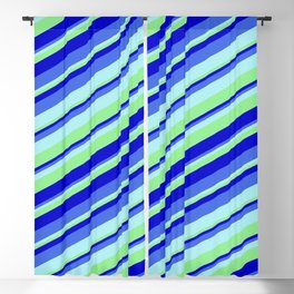 [ Thumbnail: Turquoise, Light Green, Blue, and Royal Blue Colored Stripes/Lines Pattern Blackout Curtain ]