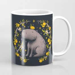 Capybara Cottagecore Aesthetic Chilling With Orange on Head | Goblincore Capy Yuzu Citrus Fruit Blossom Flowers Meditating - Dreamcore Fairytale Mycology Fungi Shrooms Forager Foraging Coffee Mug | Capy, Orange, Yuzu, Blossom, Cottagecore, Drawing, Summer, Capybara, Flower, Spring 