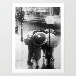 Friends in the Rain with Umbrellas black and white photography Art Print