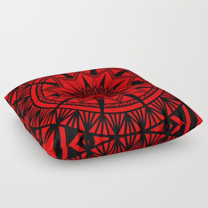 Red And Black Starburst Mandala 1 Floor Pillow