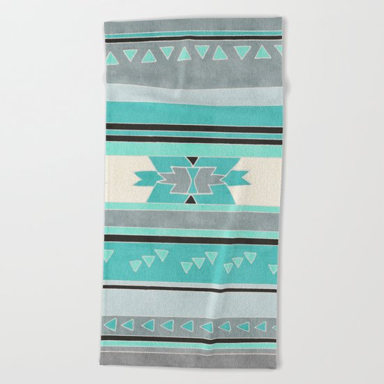 Rustic Tribal Pattern in Teal, Charcoal and Cream Beach Towel