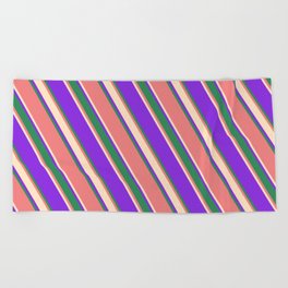 [ Thumbnail: Purple, Sea Green, Light Coral, and Bisque Colored Lined/Striped Pattern Beach Towel ]
